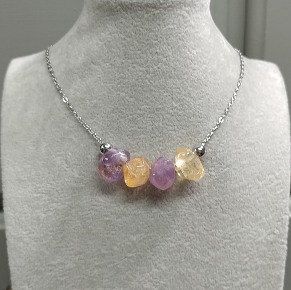 Citrine Amethyst Necklace Natural Gemstone Crystal Pendant Stainless-Steel 19.5" - Picture 4 of 11